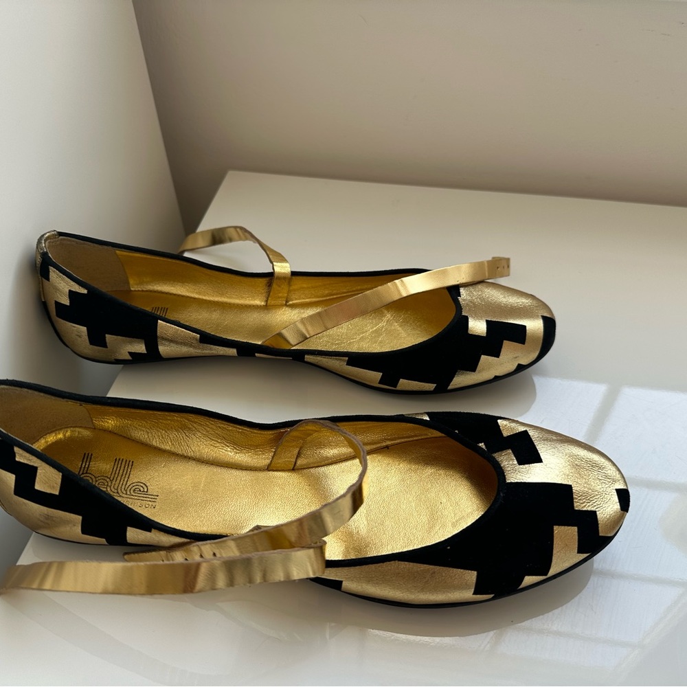 Black and Gold flat ballet shoes.